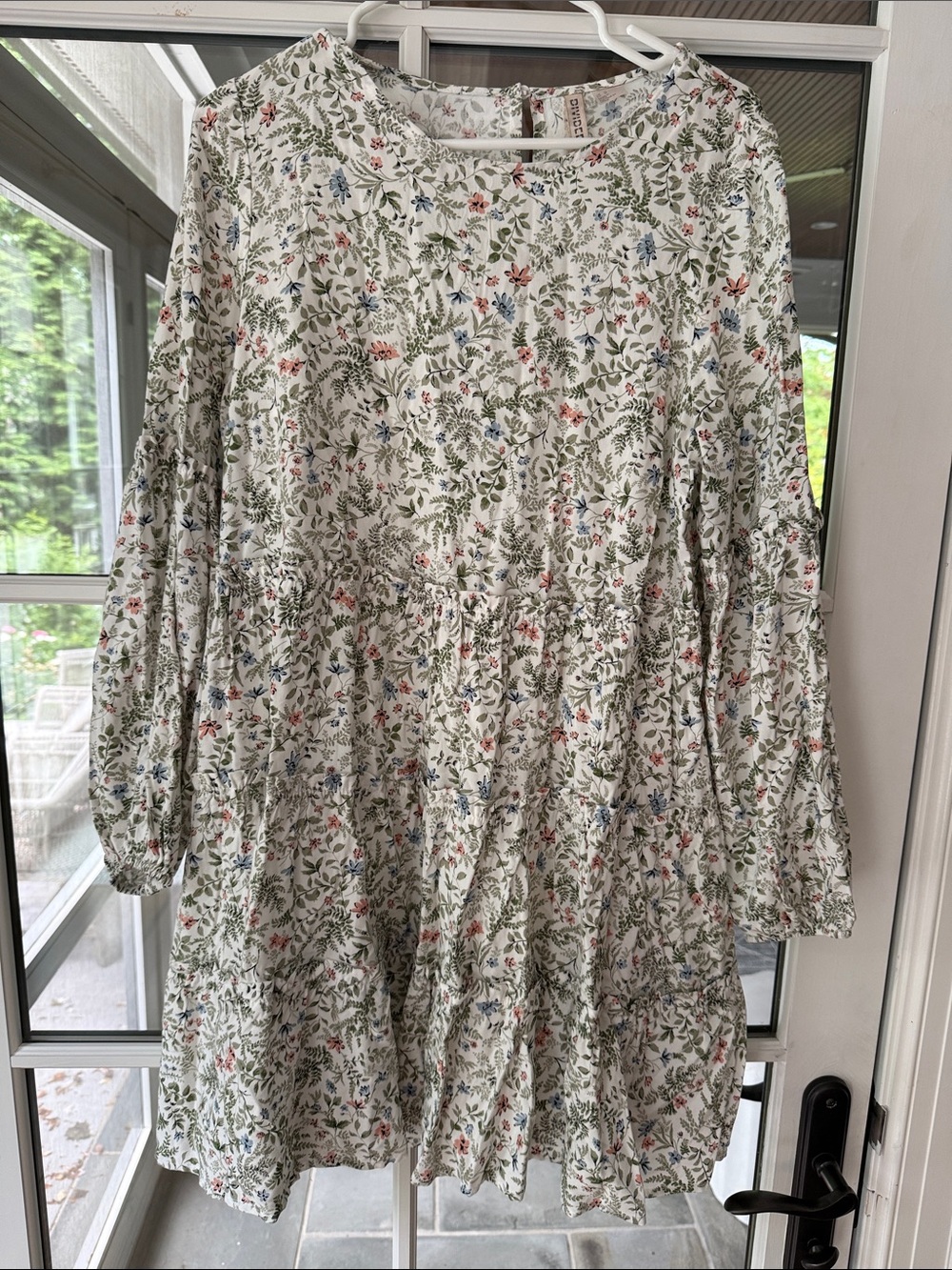 Divided Floral Tiered Babydoll Dress in White with Green, Blue & pink  Accents